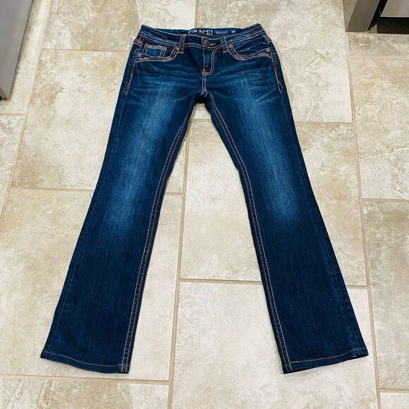 Grace in LA Women's Boot Cut Jeans - Dark Blue with Brown Embroidery - Picture 12 of 13